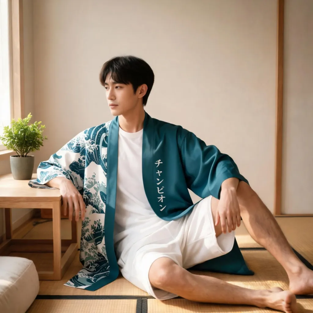 Green Men's Kimono with Wave Print — where minimalism meets durability