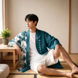 Green Men's Kimono with Wave Print — view 3