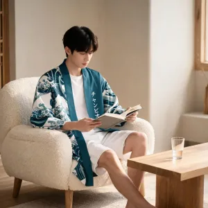 Green Men's Kimono with Wave Print — view 4
