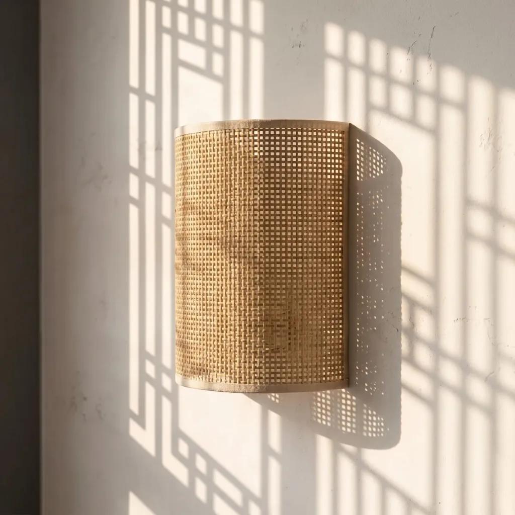 Half-Cylinder Japandi Wall Sconce in Natural Rattan