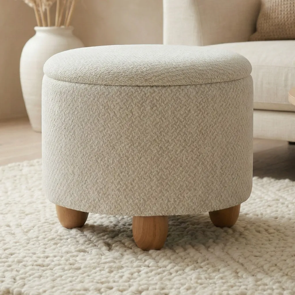 Beige Japandi 2-in-1 Pouf with Storage