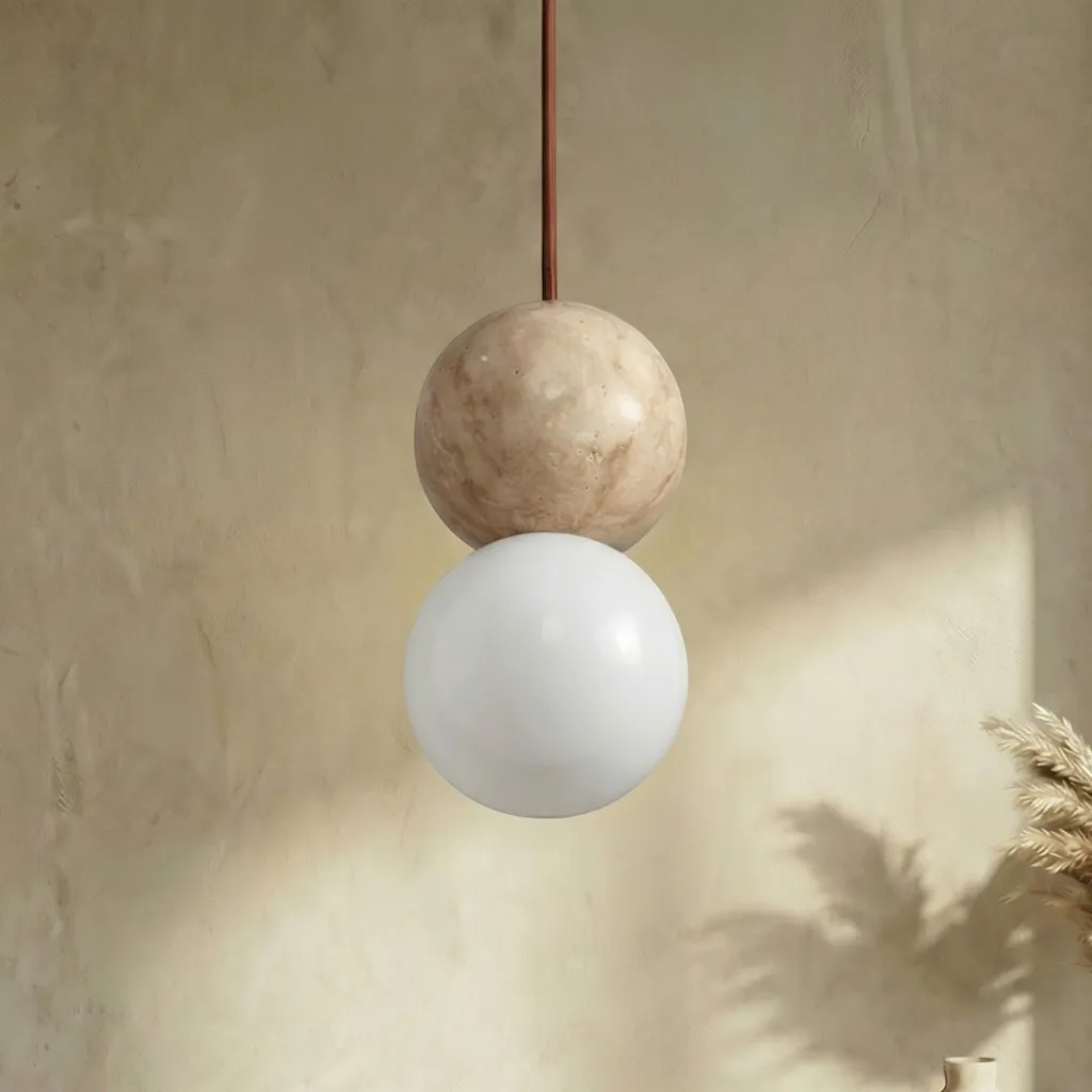Japandi Ball Pendant Light in Natural Stone and Frosted Glass