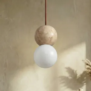 Japandi Ball Pendant Light in Natural Stone and Frosted Glass — view 1