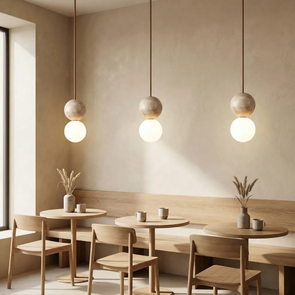 Japandi Ball Pendant Light in Natural Stone and Frosted Glass — a piece designed for serenity