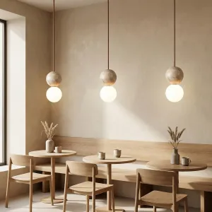 Japandi Ball Pendant Light in Natural Stone and Frosted Glass — view 2