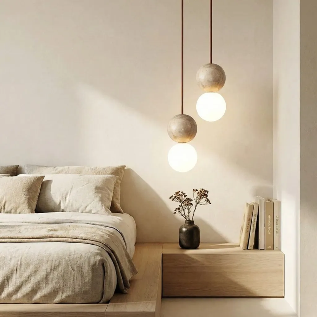 Japandi Ball Pendant Light in Natural Stone and Frosted Glass — where minimalism meets durability