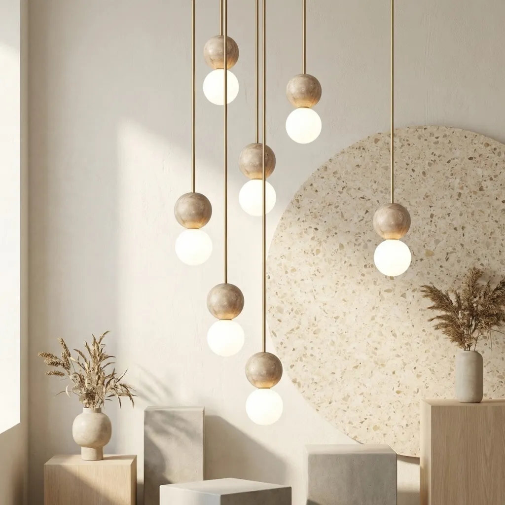 Japandi Ball Pendant Light in Natural Stone and Frosted Glass — flexible, beautiful styling