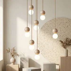 Japandi Ball Pendant Light in Natural Stone and Frosted Glass — view 4