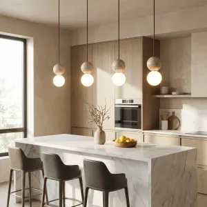 Japandi Ball Pendant Light in Natural Stone and Frosted Glass — view 5