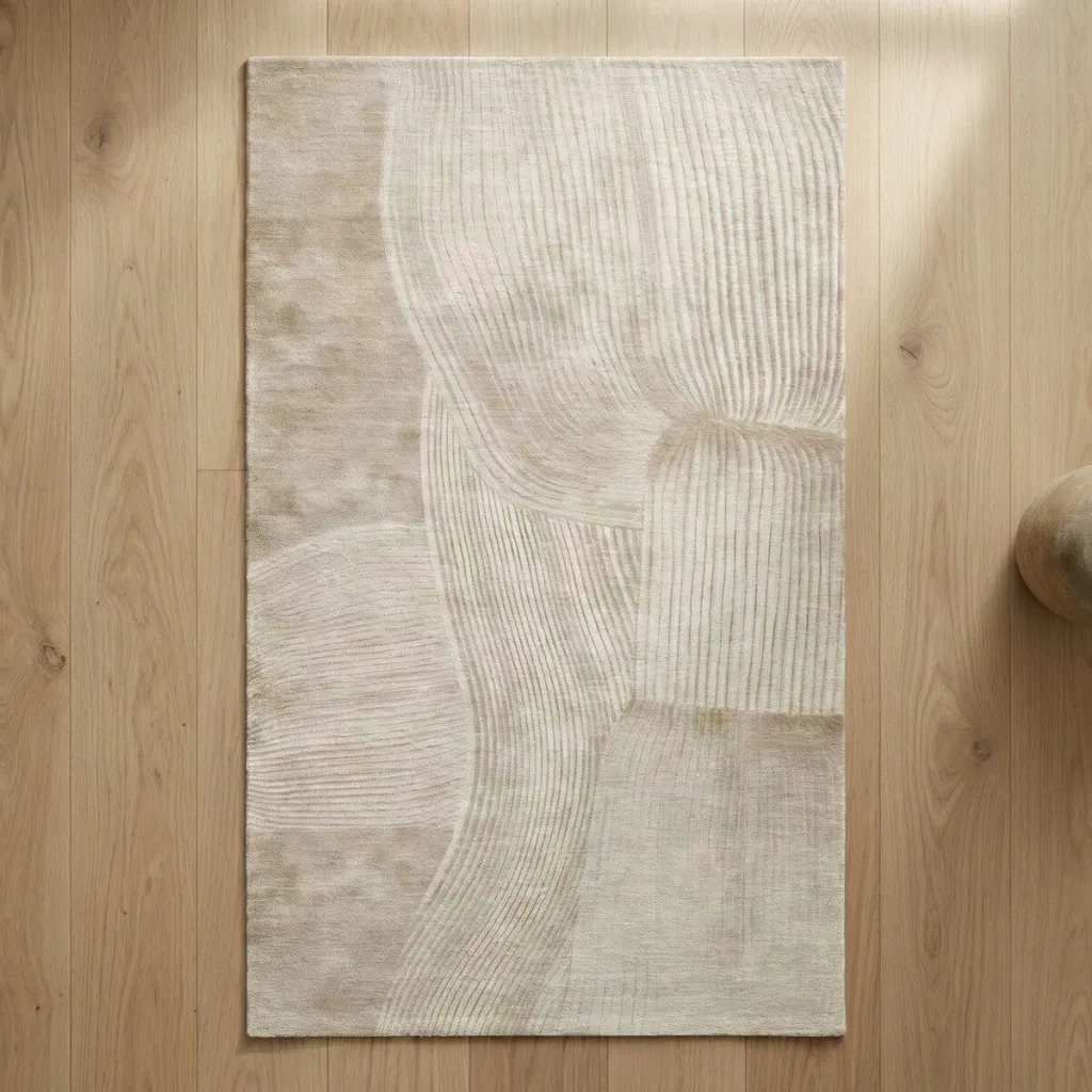Japandi Beige Rectangular Rug with Wavy Lines