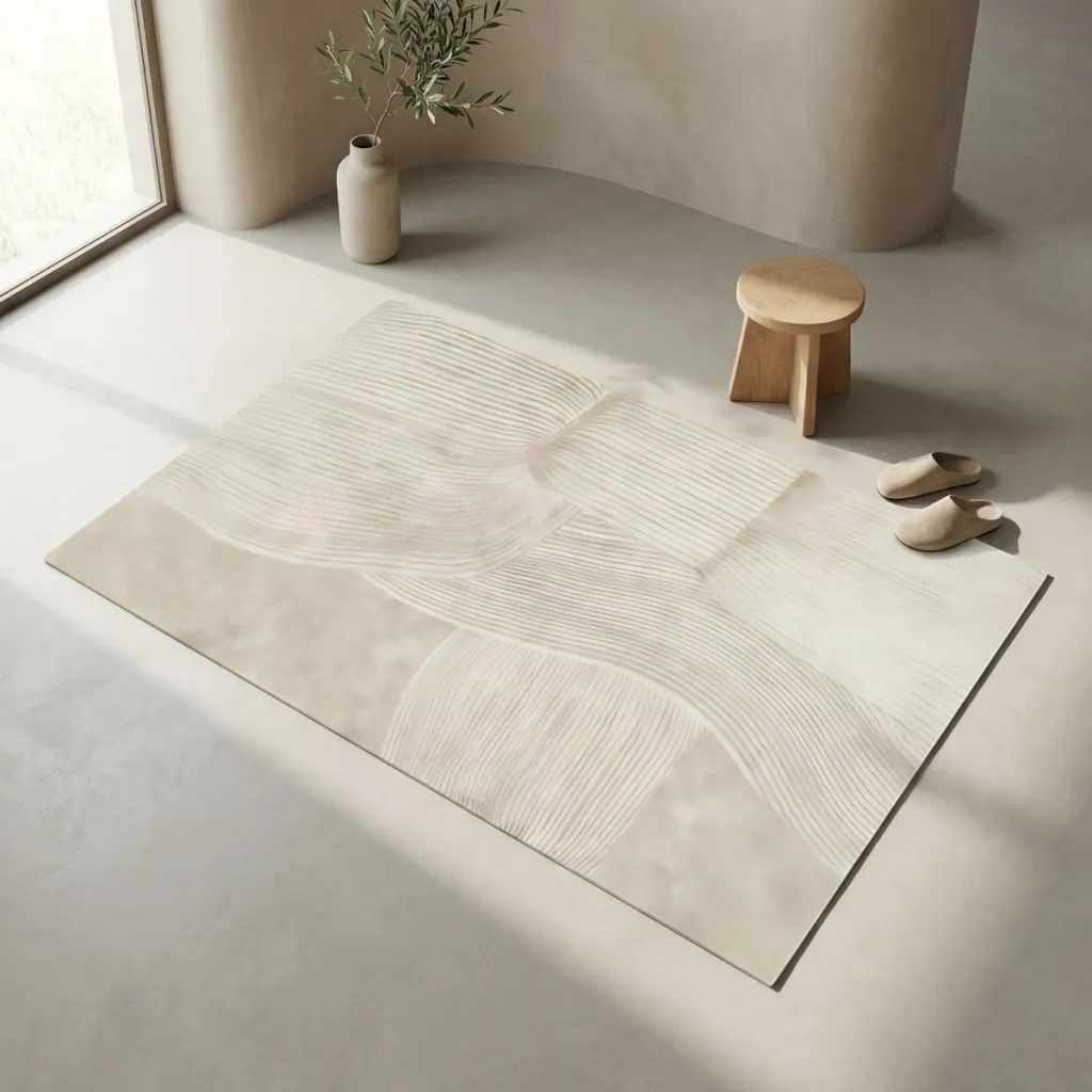 Japandi Beige Rectangular Rug with Wavy Lines — a piece designed for serenity