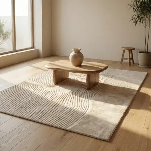 Japandi Beige Rectangular Rug with Wavy Lines — view 5