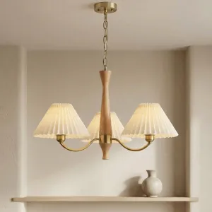 Japandi Brass and Walnut Chandelier with Pleated Shades — view 1