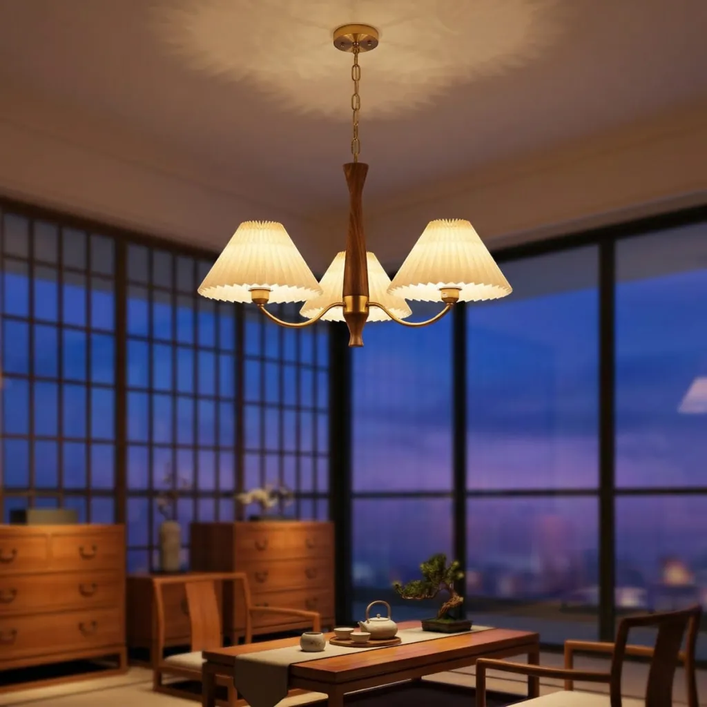 Japandi Brass and Walnut Chandelier with Pleated Shades — where minimalism meets durability
