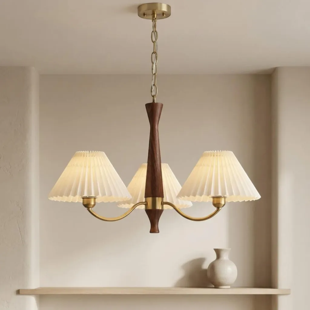 Japandi Brass and Walnut Chandelier with Pleated Shades