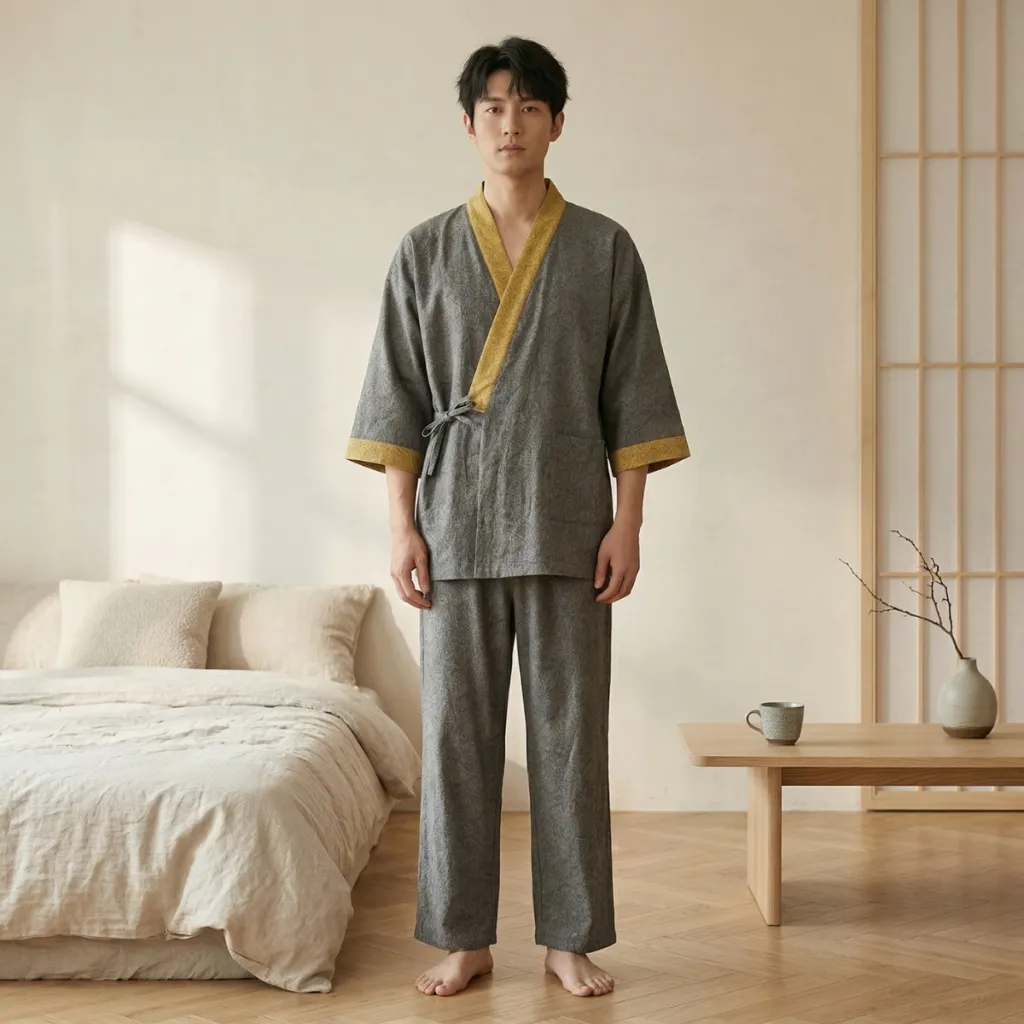 Gray and Yellow Japandi Cotton Pajamas for Men