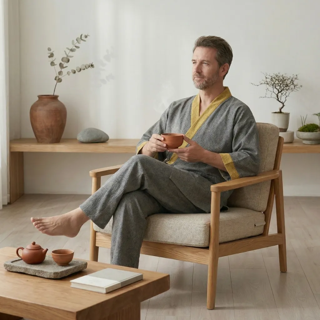Gray and Yellow Japandi Cotton Pajamas for Men — a piece designed for serenity