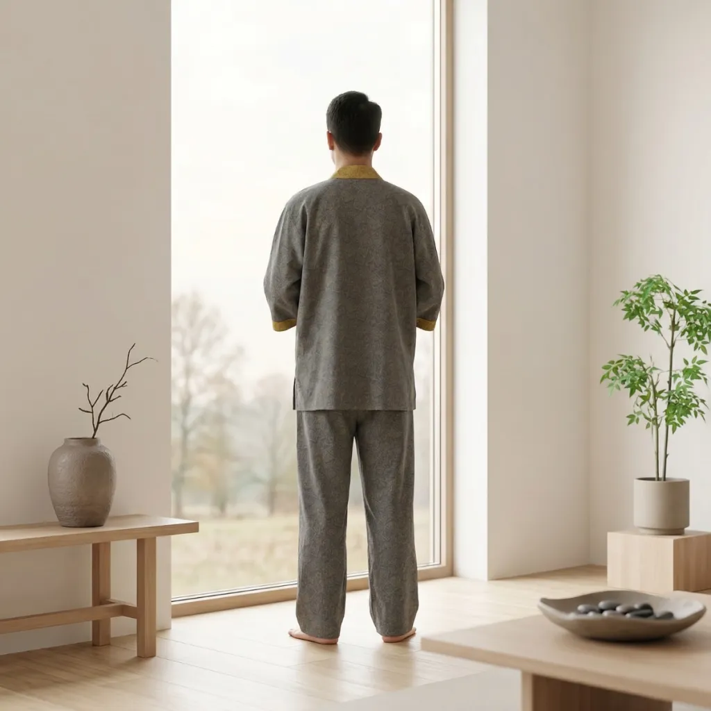 Gray and Yellow Japandi Cotton Pajamas for Men — where minimalism meets durability