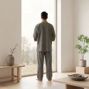 Gray and Yellow Japandi Cotton Pajamas for Men — view 3