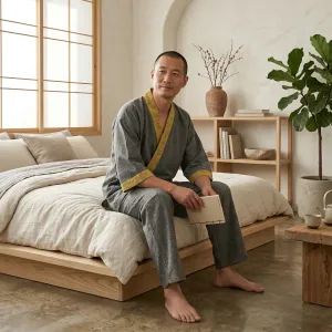 Gray and Yellow Japandi Cotton Pajamas for Men — view 4