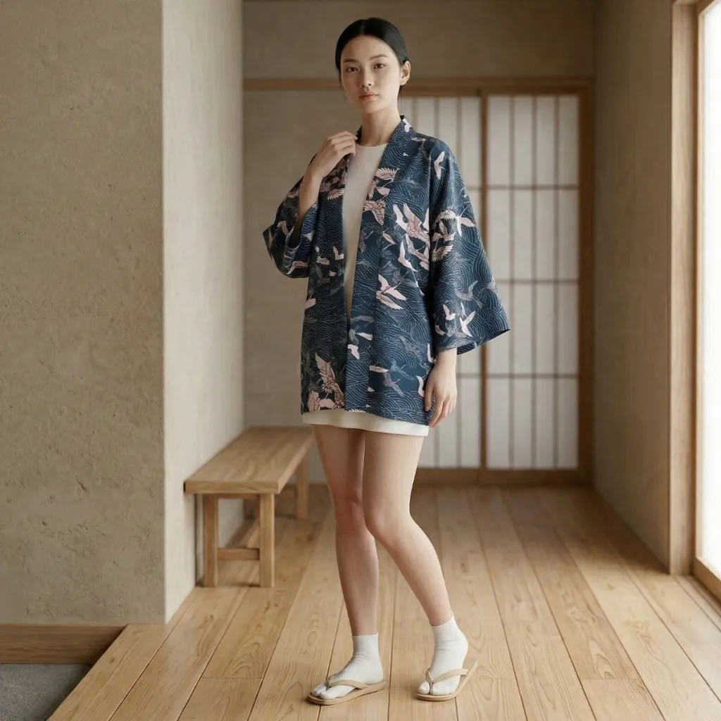 Japandi Crane-Print Jacket for Women