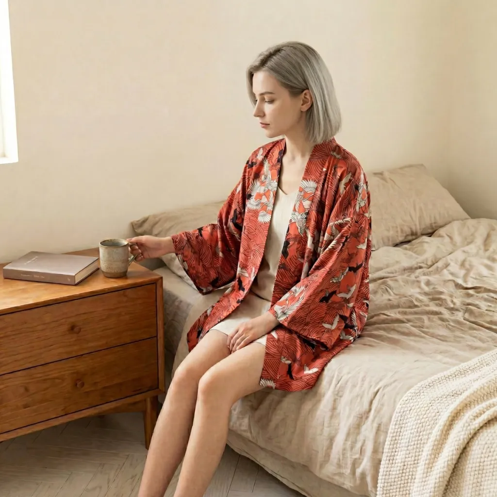 Japandi Crane-Print Jacket for Women — where minimalism meets durability