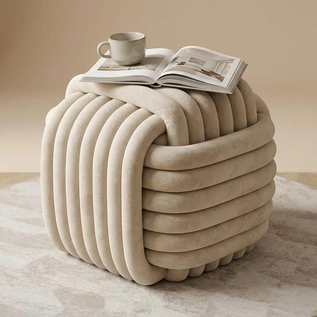 Japandi Cube Pouf in Ecru Corduroy Velvet