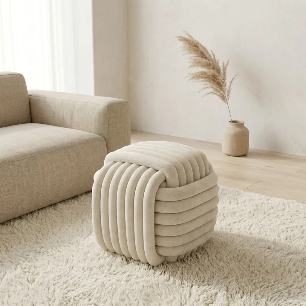 Japandi Cube Pouf in Ecru Corduroy Velvet — flexible, beautiful styling