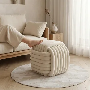 Japandi Cube Pouf in Ecru Corduroy Velvet — view 5