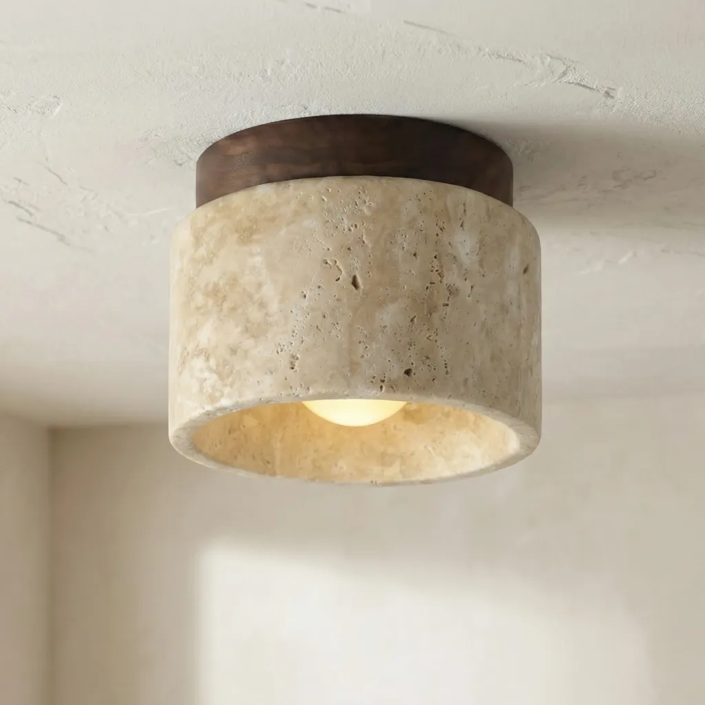 Japandi Cylindrical Ceiling Light in Stone and Natural Wood