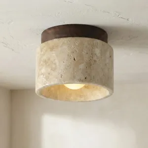 Japandi Cylindrical Ceiling Light in Stone and Natural Wood — view 1