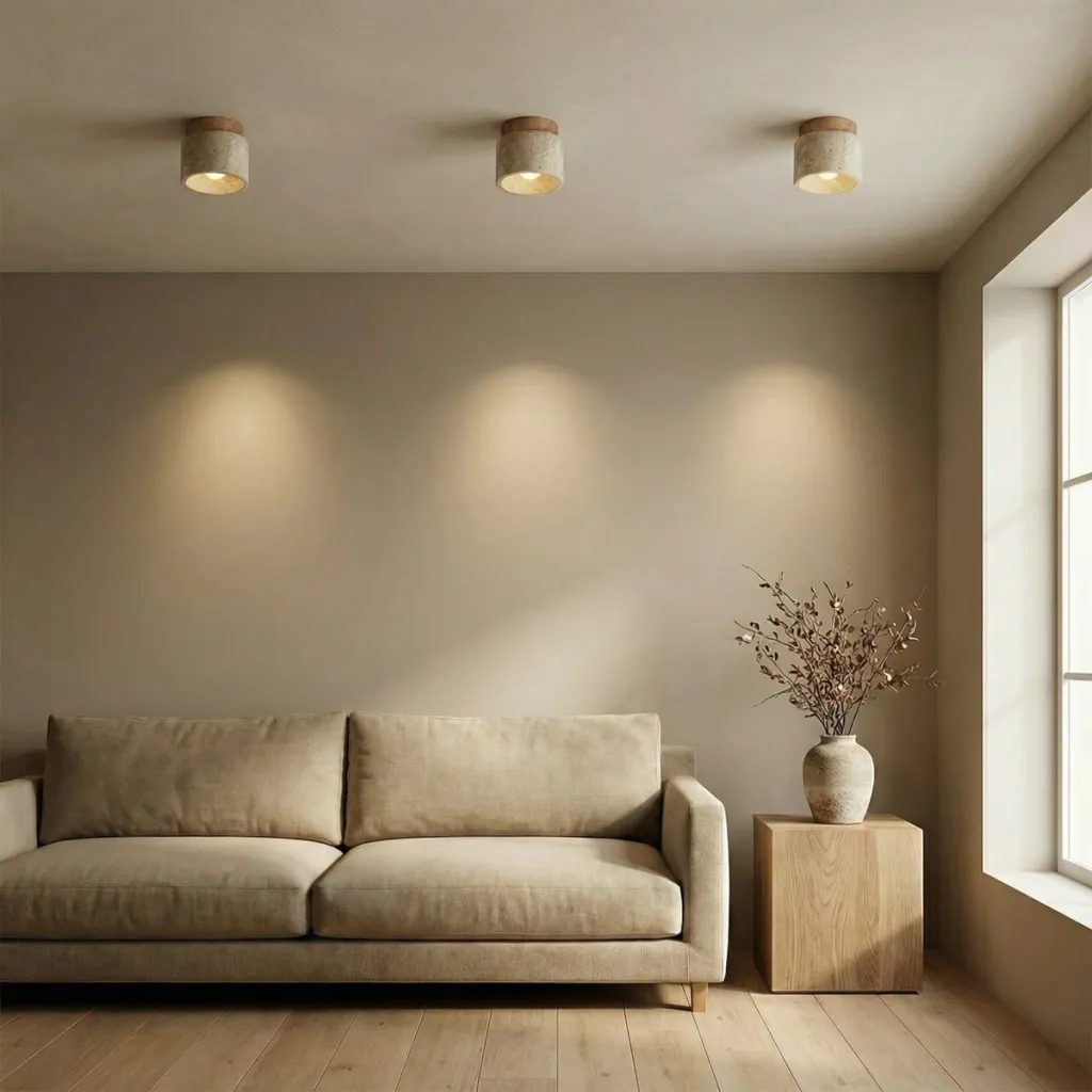 Japandi Cylindrical Ceiling Light in Stone and Natural Wood — a piece designed for serenity