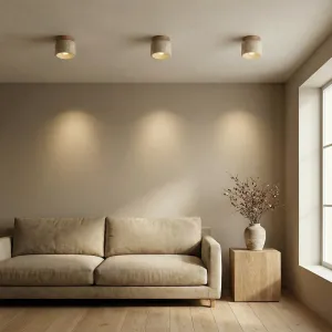 Japandi Cylindrical Ceiling Light in Stone and Natural Wood — view 2