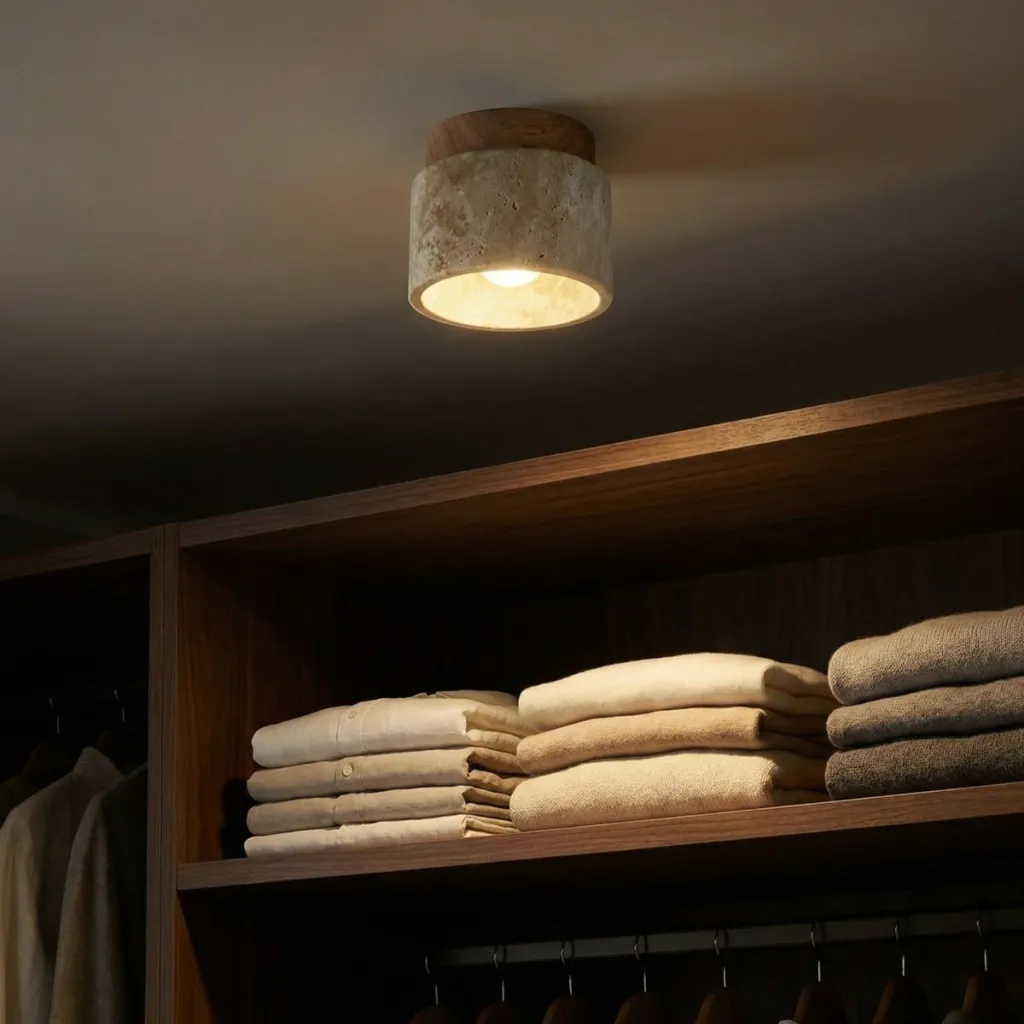 Japandi Cylindrical Ceiling Light in Stone and Natural Wood — where minimalism meets durability