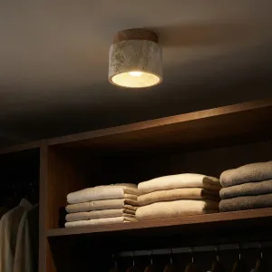 Japandi Cylindrical Ceiling Light in Stone and Natural Wood — view 3