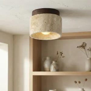 Japandi Cylindrical Ceiling Light in Stone and Natural Wood — view 7