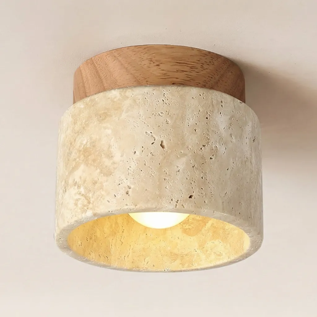 Japandi Cylindrical Ceiling Light in Stone and Natural Wood