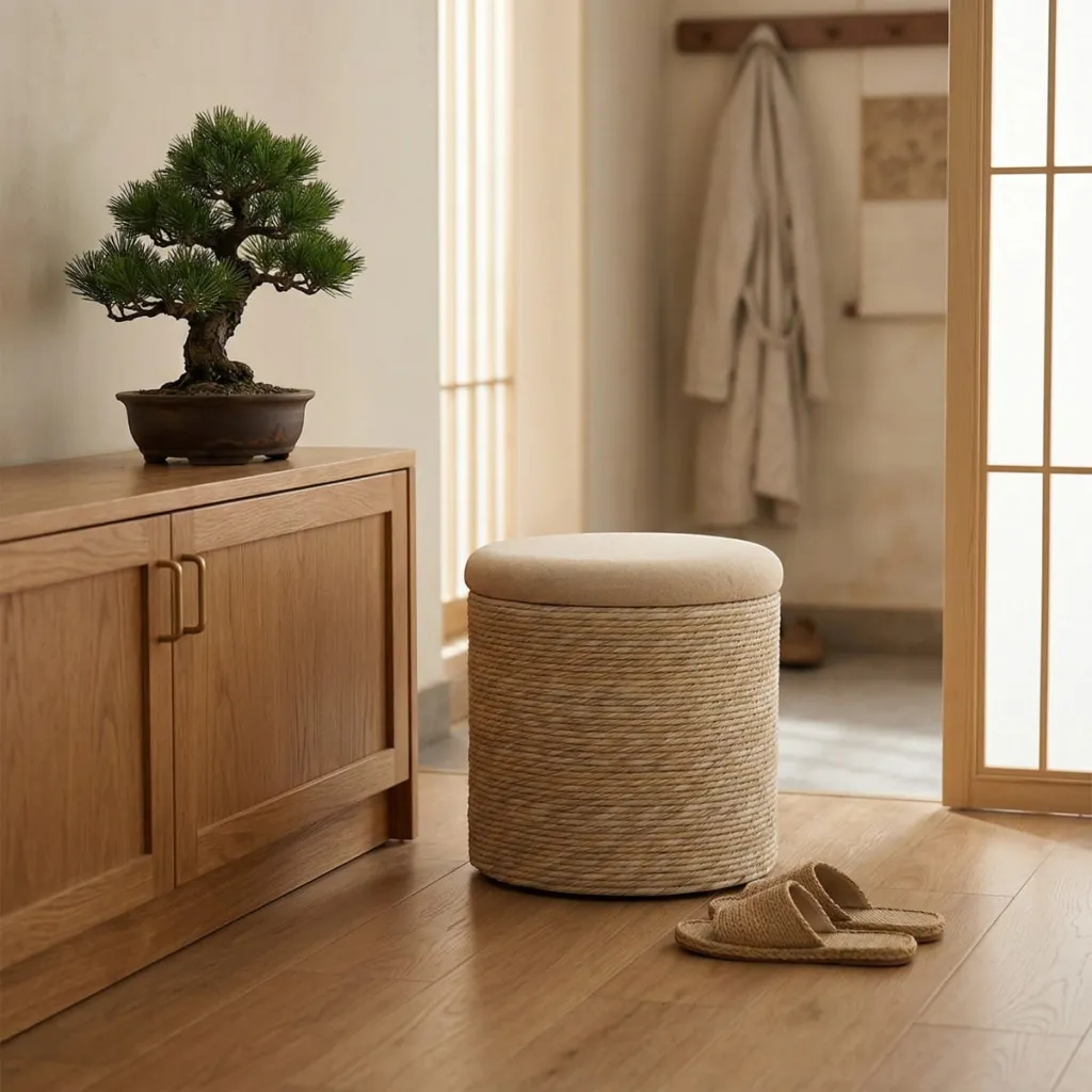 Japandi Cylindrical Natural Fiber Pouf — a piece designed for serenity