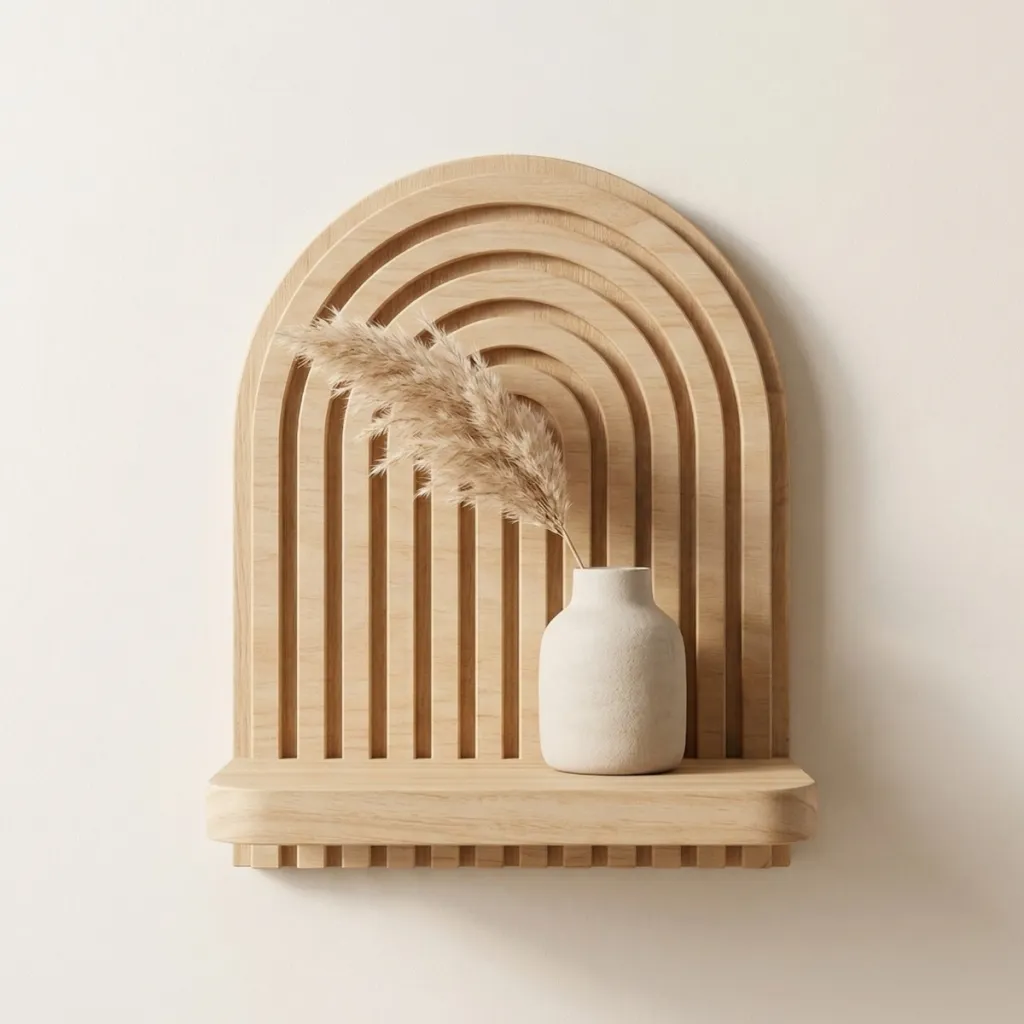 Japandi Floating Arch Shelf in Natural Light Wood