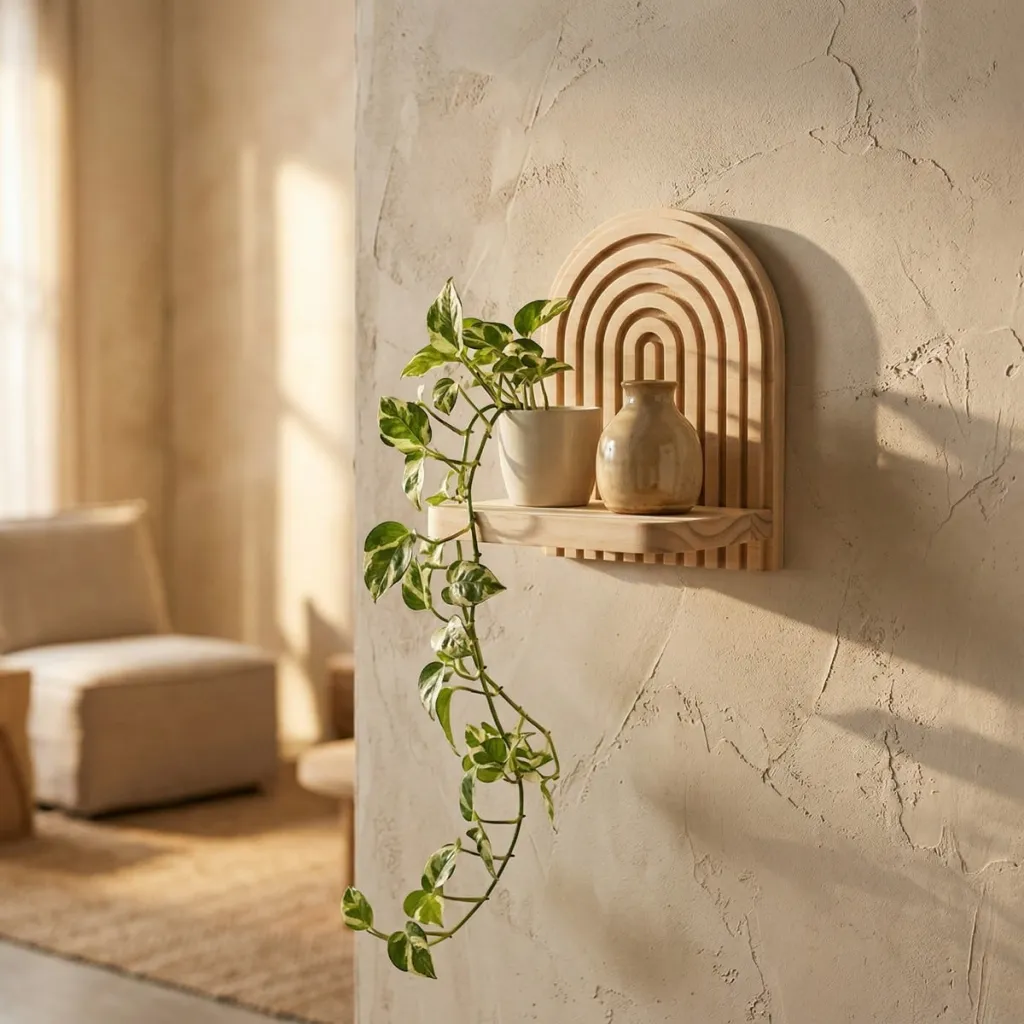 Japandi Floating Arch Shelf in Natural Light Wood — where minimalism meets durability