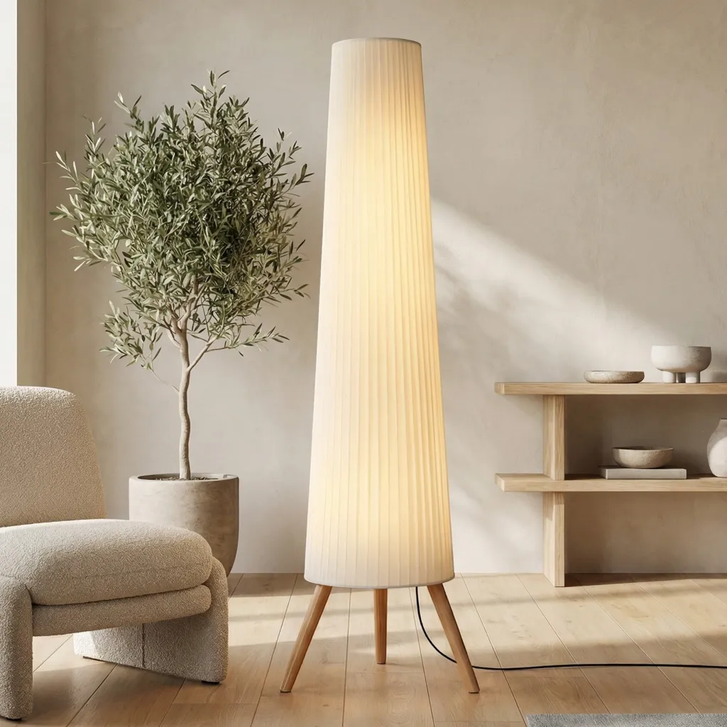 Japandi Floor Lamp with Pleated Shade and Natural Wood