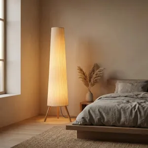 Japandi Floor Lamp with Pleated Shade and Natural Wood — view 2