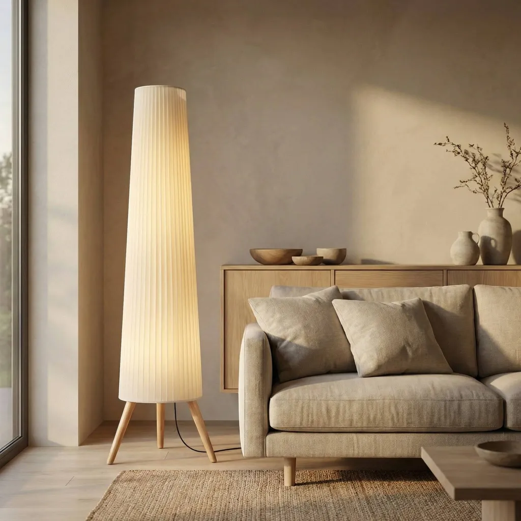 Japandi Floor Lamp with Pleated Shade and Natural Wood — where minimalism meets durability