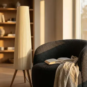 Japandi Floor Lamp with Pleated Shade and Natural Wood — view 5