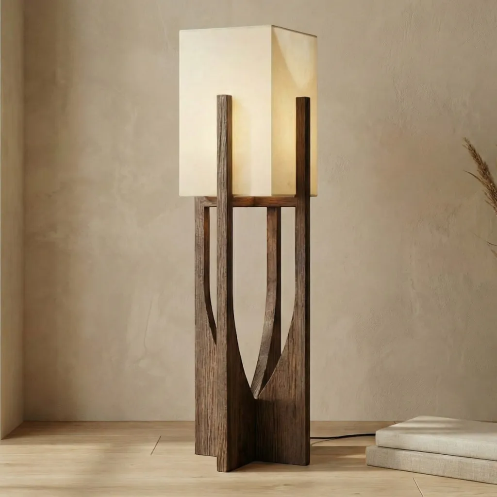 Sleek Japandi Floor Lamp in Wood and Beige Fabric