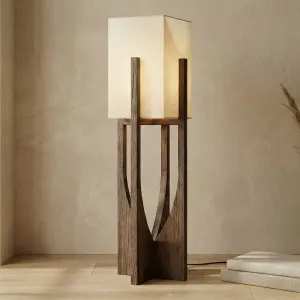 Sleek Japandi Floor Lamp in Wood and Beige Fabric — view 1
