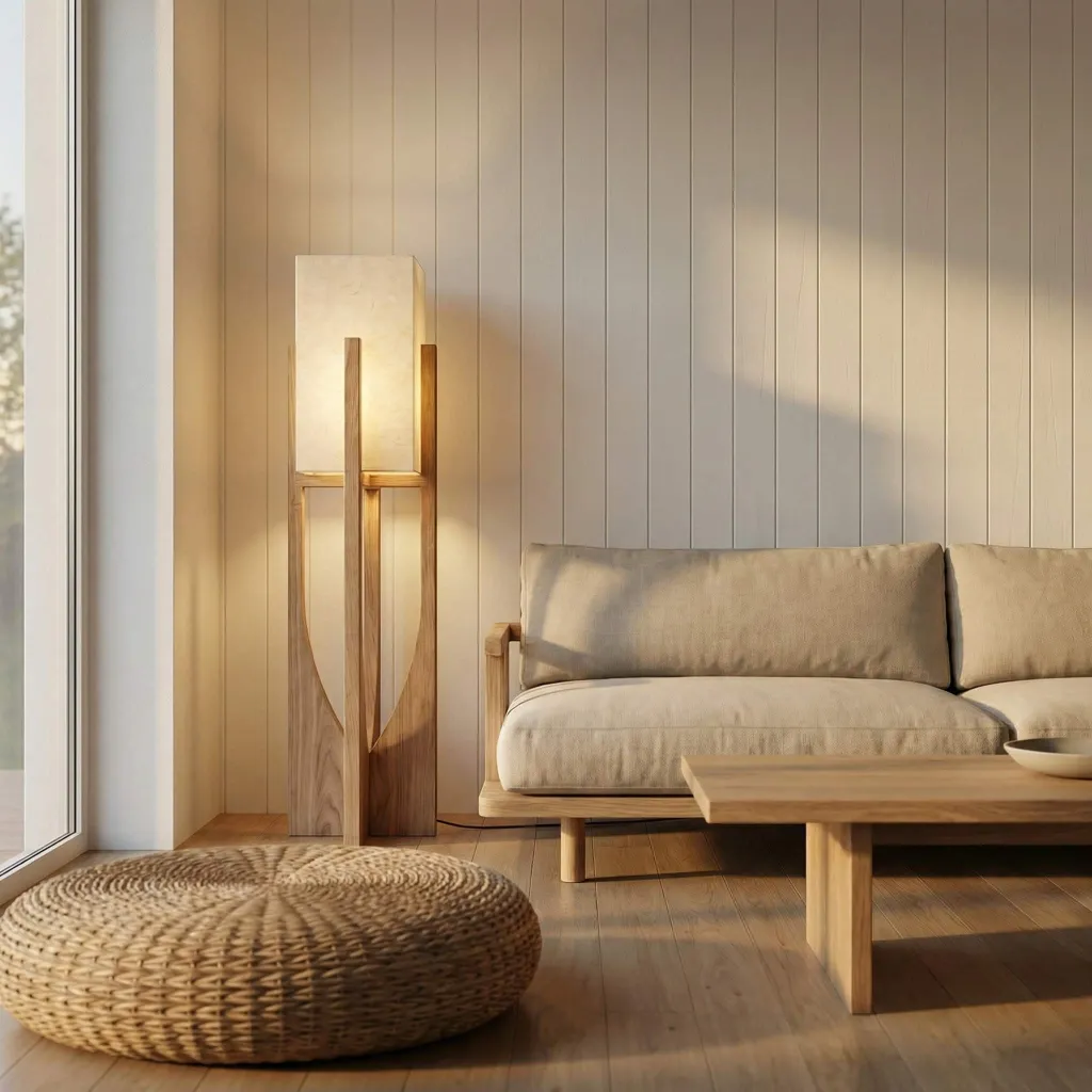 Sleek Japandi Floor Lamp in Wood and Beige Fabric — a piece designed for serenity