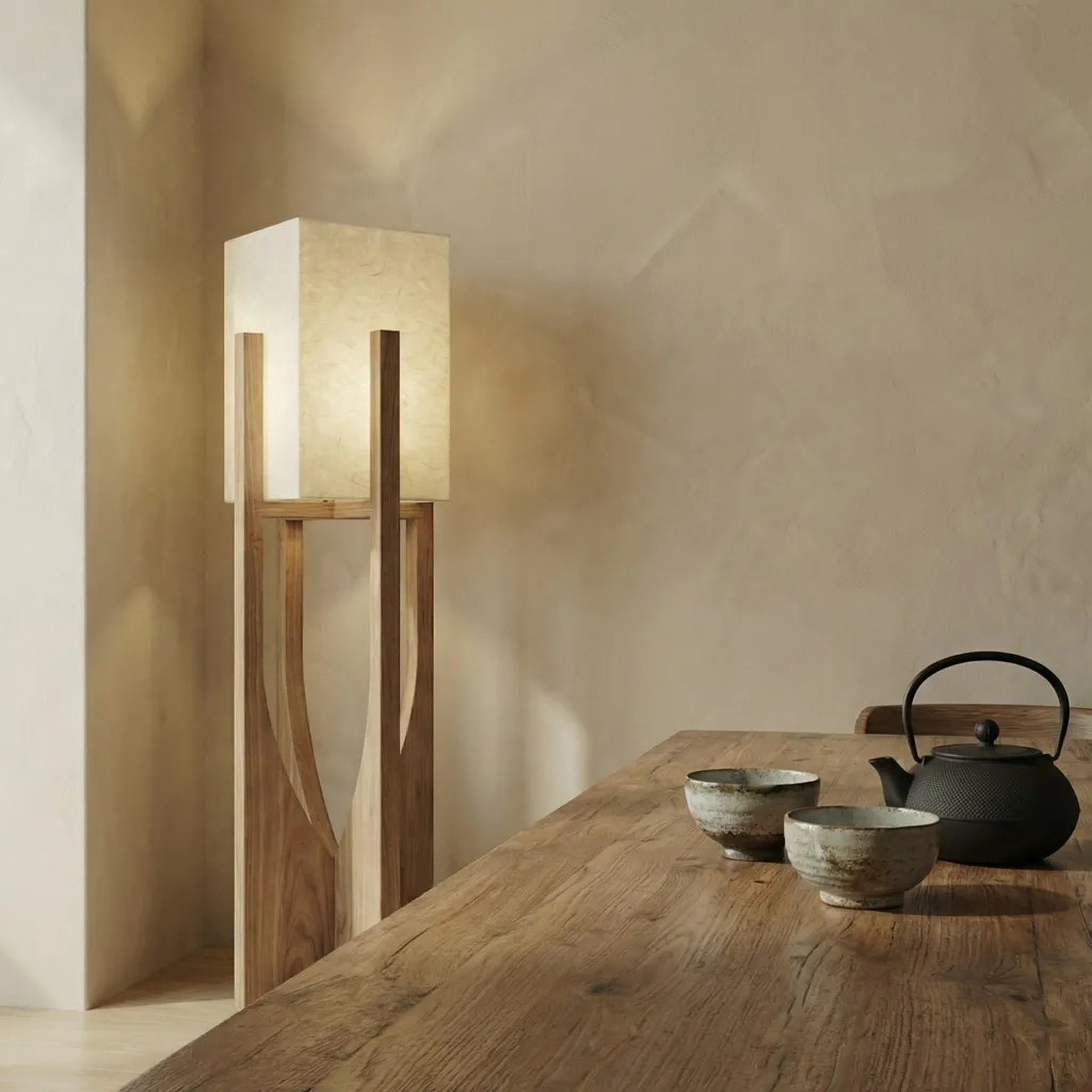 Sleek Japandi Floor Lamp in Wood and Beige Fabric — where minimalism meets durability