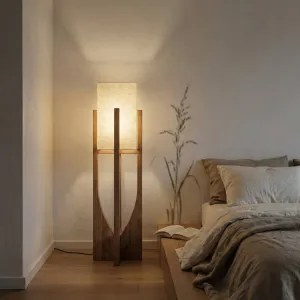 Sleek Japandi Floor Lamp in Wood and Beige Fabric — view 4