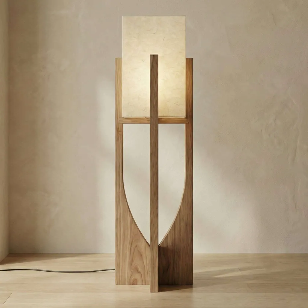 Sleek Japandi Floor Lamp in Wood and Beige Fabric